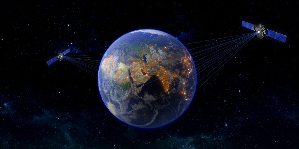 Space-tech Mbryonics plans new production facility in Shannon 2 communication satellite worldwide satellite transmission 3d illustration